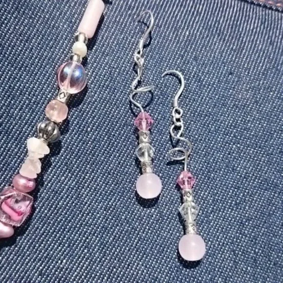 Hand Crafted Genuine Rose Quartz Freshwater Pearls Necklace Earring Set Boho - Picture 4 of 7